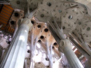 Colour photograph showing the Interior of the Templo Expiatorio de la Sagrada Familia in Barcelona, Spain. Current state of progress with the Nave. An architectural wonder designed by Catalan Architect, Antoni Gaudí i Cornet (1852-1926), and still under construction. Click to enlarge. Photograph taken by CJ Walsh. 2009-03-20.