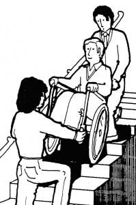 Black & white sketch showing how definitely NOT to assist the fire evacuation of a wheelchair user in an evacuation staircase.