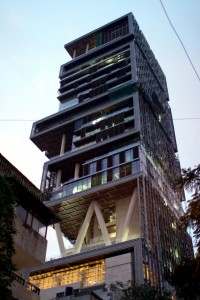 Colour photograph showing 'Antilia' - the recently occupied Private, Iconic, High-Rise Mansion of Innovative Design belonging to Shri Mukesh Ambani in Mumbai. Click to enlarge.