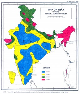 Colour image showing the Seismic Zones on a Map of India. Taken from Indian Standard IS 1893 (Part 1) : 2002. Click to enlarge.