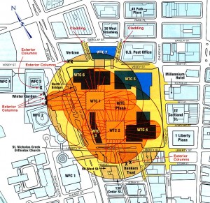 Colour plan showing the World Trade Center Complex in New York City, and its surrounding neighbourhood in Manhattan. By means of yellow shading and annotation in red text, the extent of direct damage caused by the collapse of the 2 WTC Towers on 11 September 2001 is shown. Not shown is the much greater extent of indirect damage caused, e.g. dust and debris from the collapses clogged up and destroyed air conditioning systems and ductwork in buildings. Everywhere south of Canal Street was a disaster zone. Also not shown is the damage caused by WTC 7, at the north-eastern tip of the Complex, which collapsed late on the afternoon of 9-11. Click to enlarge.