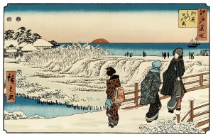 Colour image of a Japanese Print: 'Sunrise on New Year's Day at Susaki', dating from the mid-1830's, by the artist Hiroshige. Click to enlarge.